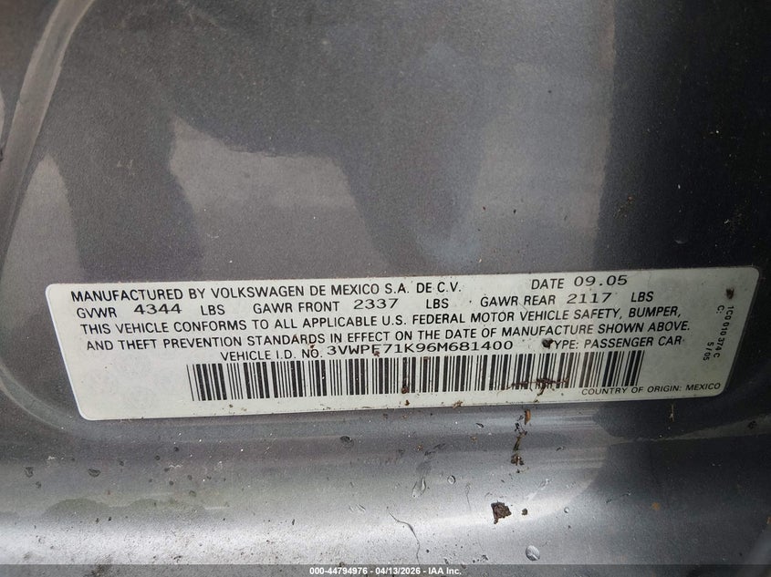 2006 Volkswagen Jetta Value Edition VIN: 3VWPF71K96M681400 Lot: 44794976