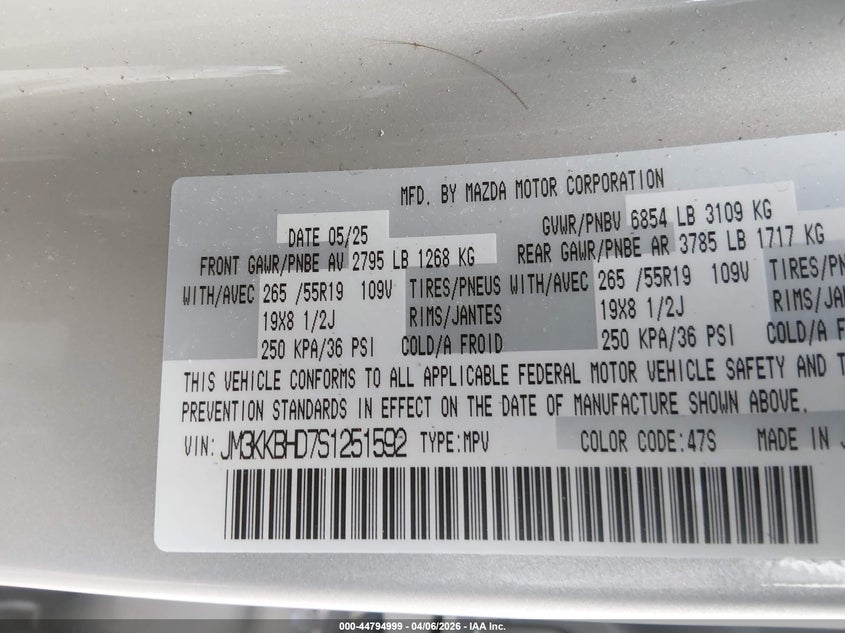 2025 Mazda Cx-90 3.3 Turbo Preferred Package VIN: JM3KKBHD7S1251592 Lot: 44794999