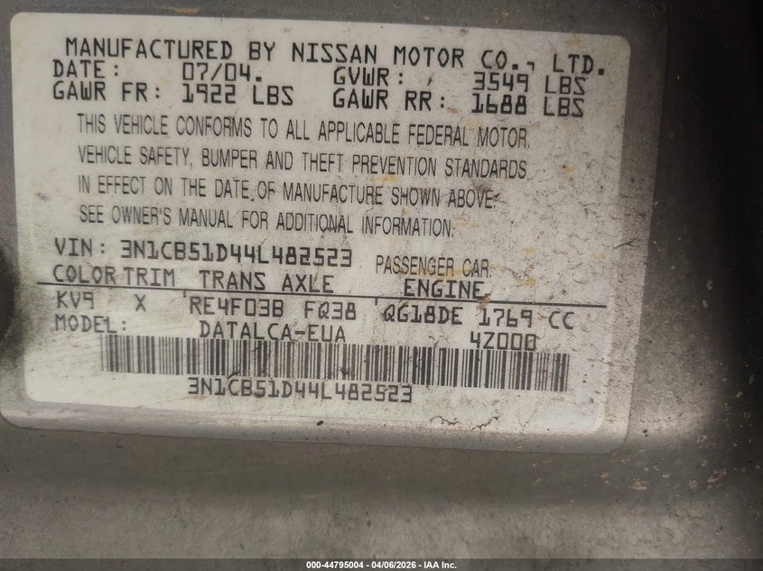2004 Nissan Sentra 1.8 VIN: 3N1CB51D44L482523 Lot: 44795004