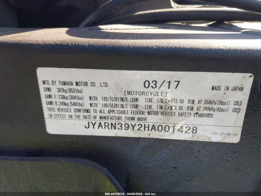 2017 Yamaha Yzfr1 C VIN: JYARN39Y2HA001428 Lot: 44795025