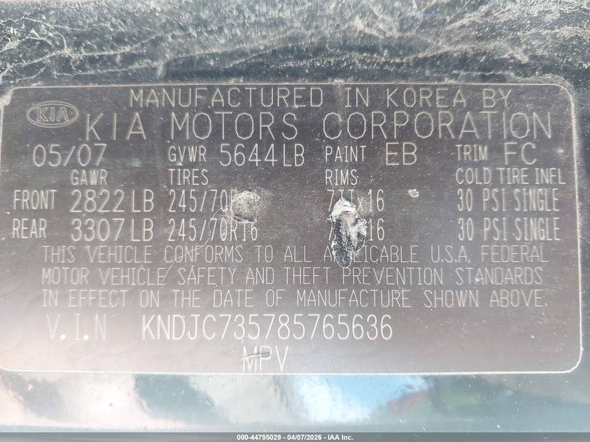 2008 Kia Sorento Lx VIN: KNDJC735785765636 Lot: 44795029