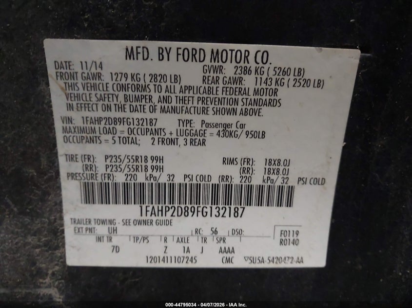 2015 Ford Taurus Se VIN: 1FAHP2D89FG132187 Lot: 44795034