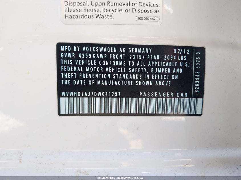 2013 Volkswagen Gti 4-Door Autobahn VIN: WVWHD7AJ7DW041297 Lot: 44795045