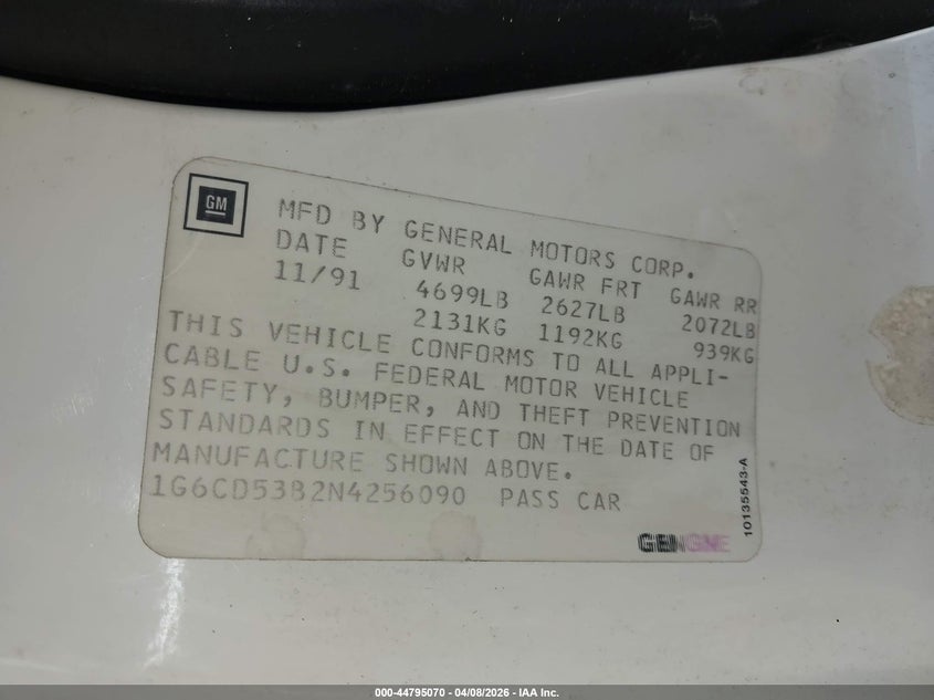 1992 Cadillac Deville VIN: 1G6CD53B2N4256090 Lot: 44795070