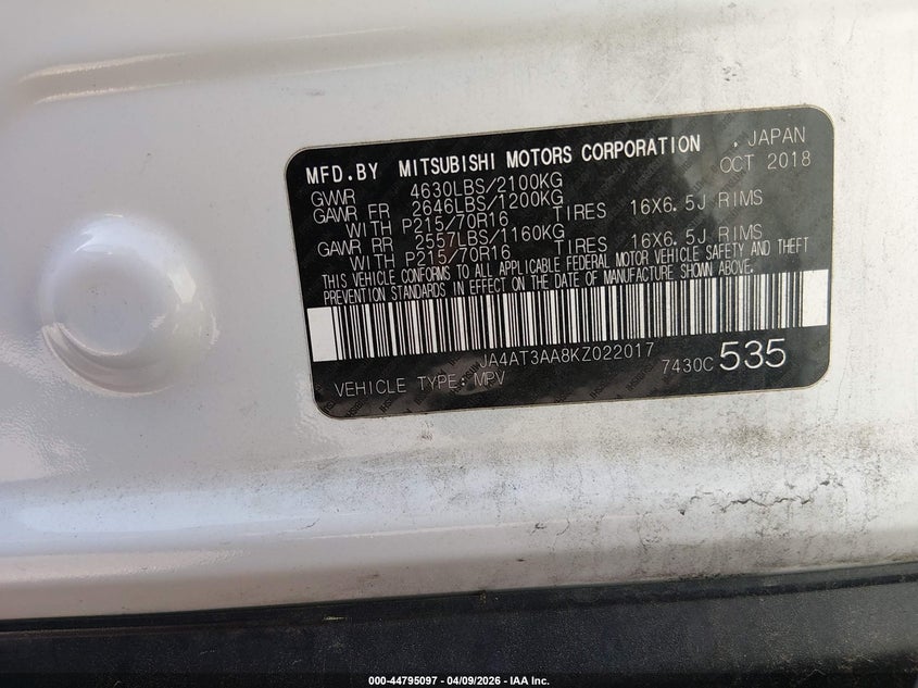 2019 Mitsubishi Eclipse Cross Es VIN: JA4AT3AA8KZ022017 Lot: 44795097