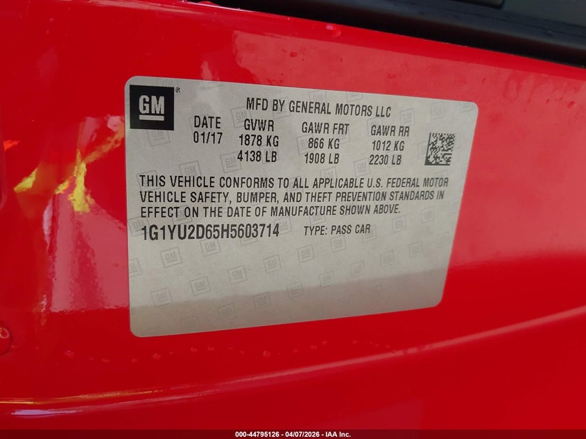 2017 Chevrolet Corvette Z06 VIN: 1G1YU2D65H5603714 Lot: 44795126