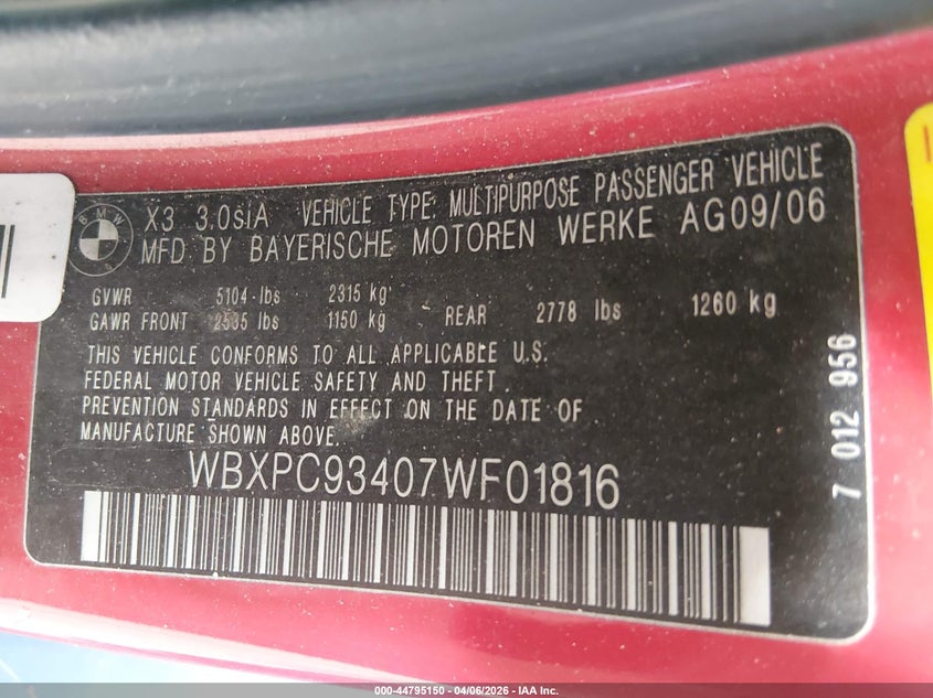 2007 BMW X3 3.0Si VIN: WBXPC93407WF01816 Lot: 44795150