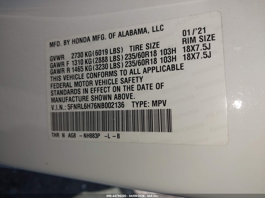 2022 Honda Odyssey Ex-L VIN: 5FNRL6H76NB002136 Lot: 44795200