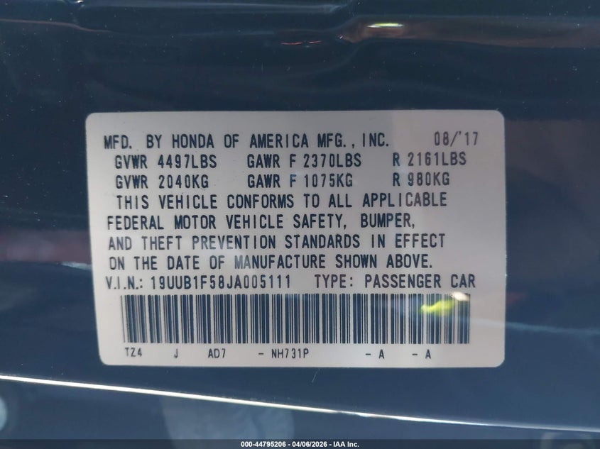 2018 Acura Tlx Tech Pkg VIN: 19UUB1F58JA005111 Lot: 44795206