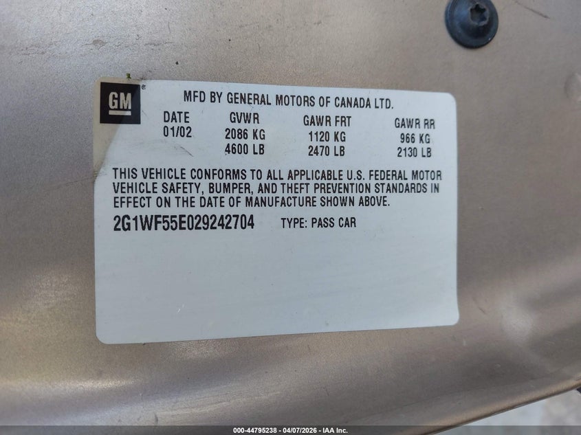 2002 Chevrolet Impala VIN: 2G1WF55E029242704 Lot: 44795238