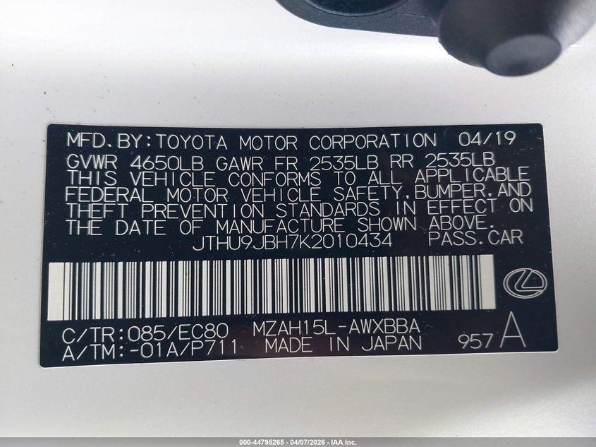 2019 Lexus Ux 250H VIN: JTHU9JBH7K2010434 Lot: 44795265