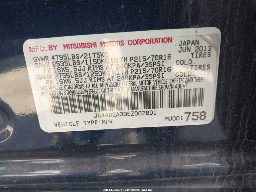 2014 Mitsubishi Outlander Es VIN: JA4AD2A39EZ007801 Lot: 44795301