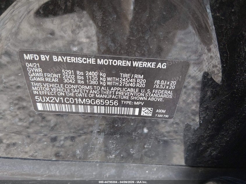 2021 BMW X4 xDrive30I VIN: 5UX2V1C01M9G65956 Lot: 44795304