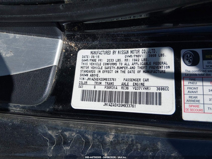 2016 Nissan 370Z Sport VIN: JN1AZ4EH2GM933761 Lot: 44795305