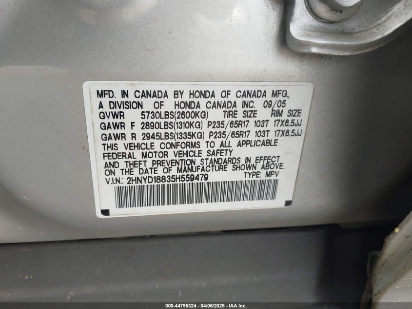 2005 Acura Mdx VIN: 2HNYD18835H559479 Lot: 44795324