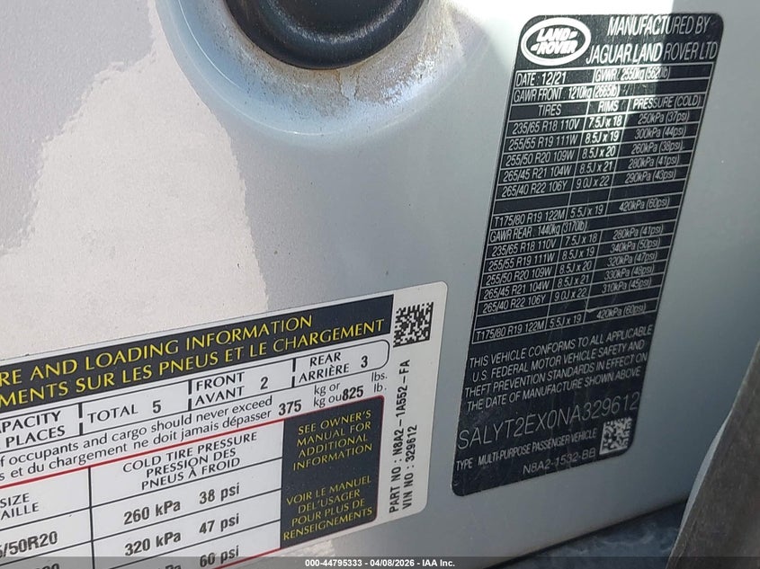 2022 Land Rover Range Rover Velar P250 R-Dynamic S VIN: SALYT2EX0NA329612 Lot: 44795333