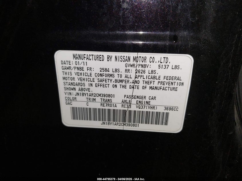 2012 Infiniti M37X VIN: JN1BY1AR2CM390801 Lot: 44795379