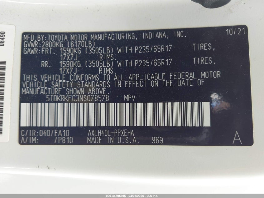 2022 Toyota Sienna Le VIN: 5TDKRKEC3NS078578 Lot: 44795395