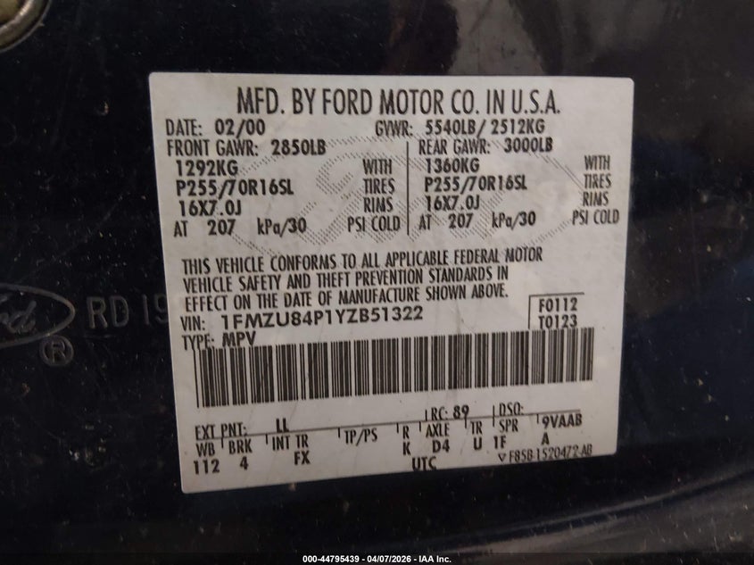 2000 Ford Explorer Eddie Bauer VIN: 1FMZU84P1YZB51322 Lot: 44795439