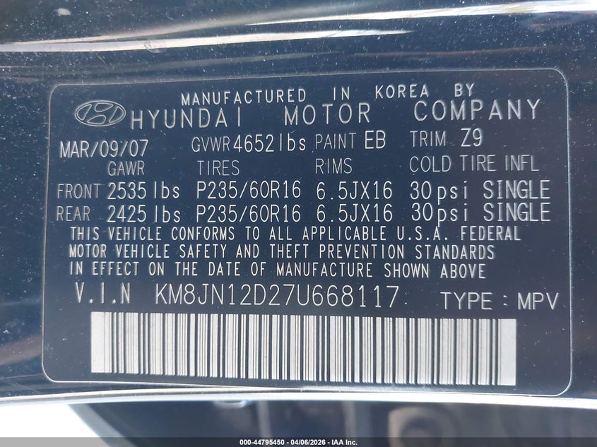 2007 Hyundai Tucson Limited/Se VIN: KM8JN12D27U668117 Lot: 44795450