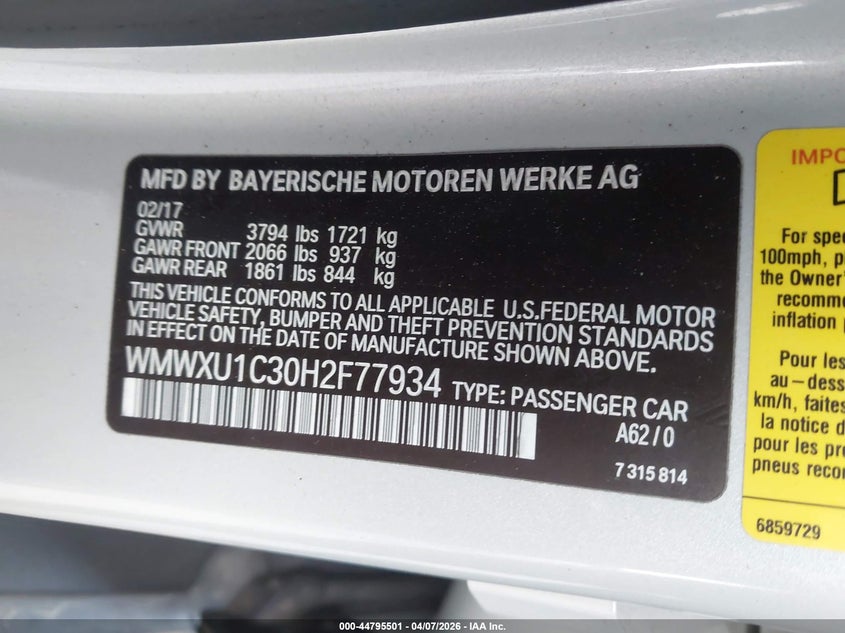 2017 Mini Hardtop Cooper VIN: WMWXU1C30H2F77934 Lot: 44795501