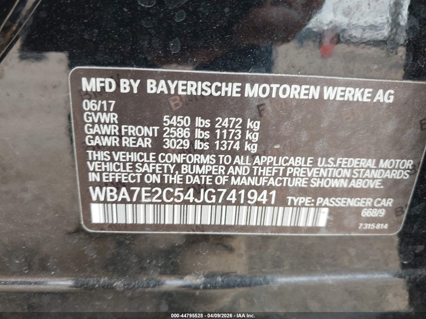 2018 BMW 740I VIN: WBA7E2C54JG741941 Lot: 44795528