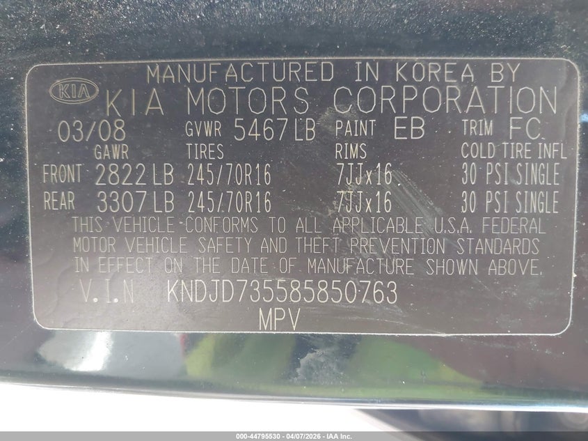 2008 Kia Sorento Lx Base VIN: KNDJD735585850763 Lot: 44795530