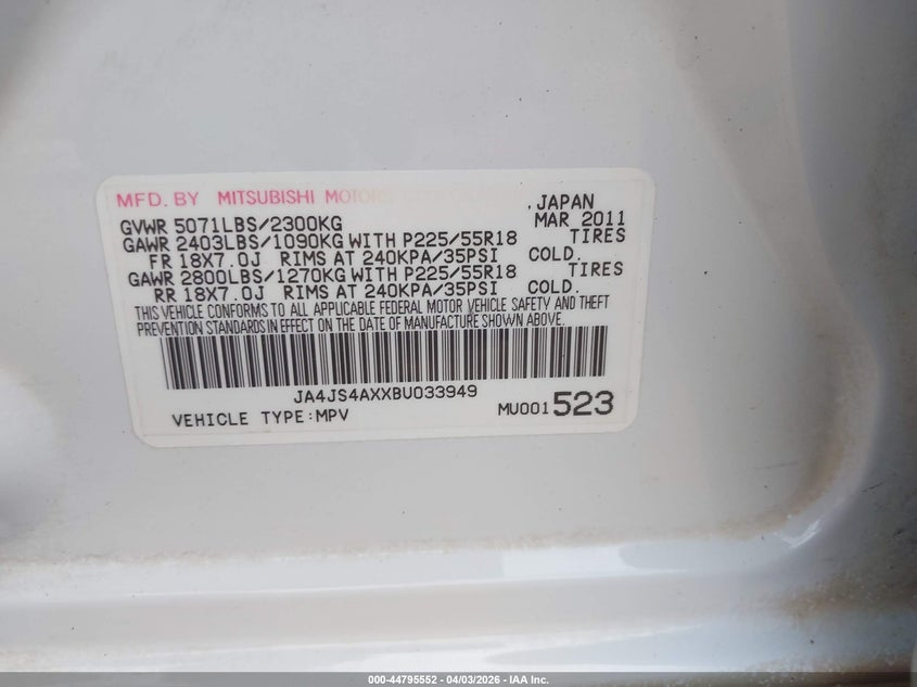 2011 Mitsubishi Outlander Xls VIN: JA4JS4AXXBU033949 Lot: 44795552