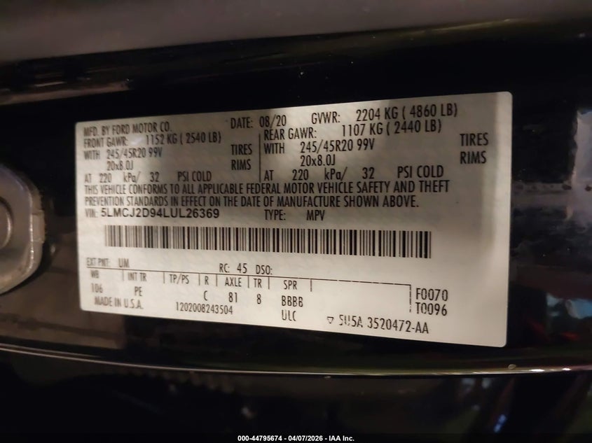 2020 Lincoln Corsair Reserve VIN: 5LMCJ2D94LUL26369 Lot: 44795674