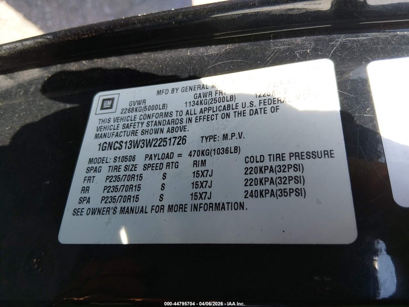 1998 Chevrolet Blazer Lt VIN: 1GNCS13W3W2251726 Lot: 44795704