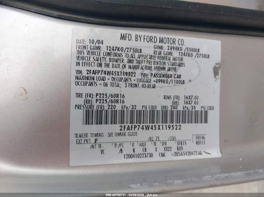 2005 Ford Crown Victoria Lx/Lx Sport VIN: 2FAFP74W45X119522 Lot: 44795721