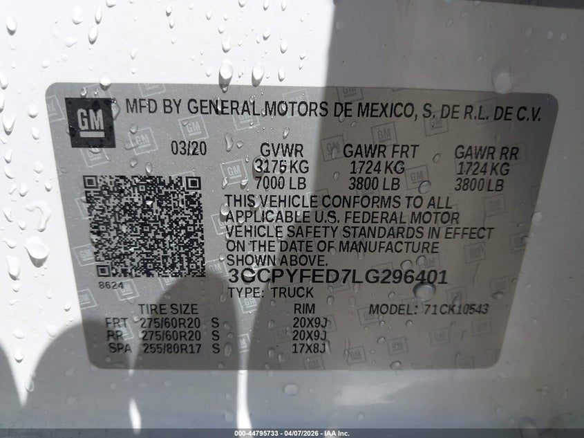 2020 Chevrolet Silverado 5.3 1500 4Wd Short Bed Lt Trail Boss white Lot 111044795733 Vin 3GCPYFED7LG296401