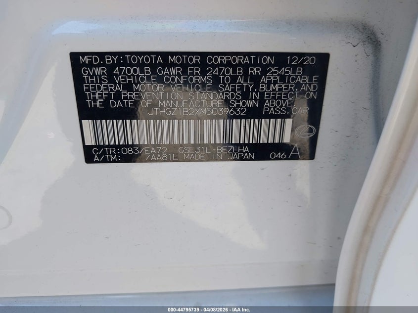 2021 Lexus Is 350 F Sport VIN: JTHGZ1B2XM5039632 Lot: 44795739