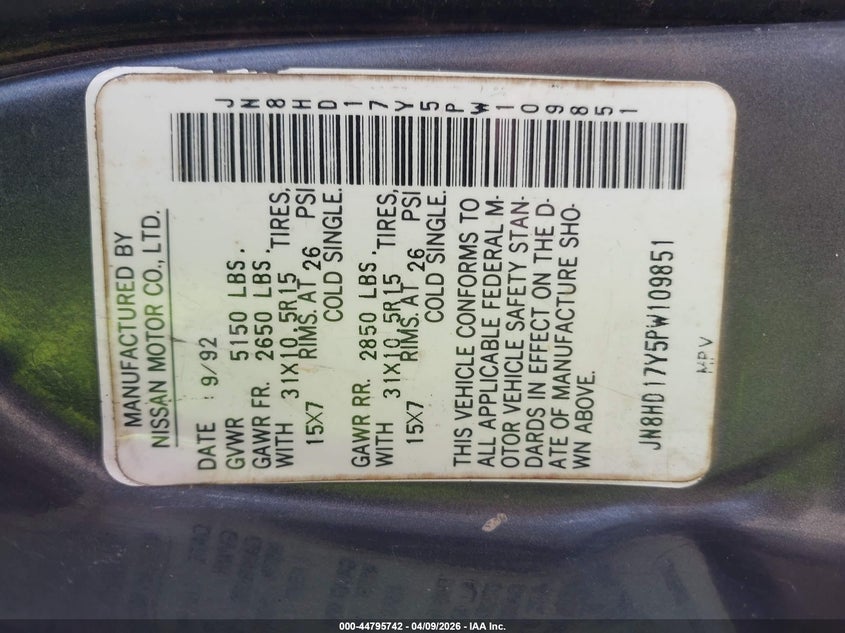1993 Nissan Pathfinder Xe/Se VIN: JN8HD17Y5PW109851 Lot: 44795742