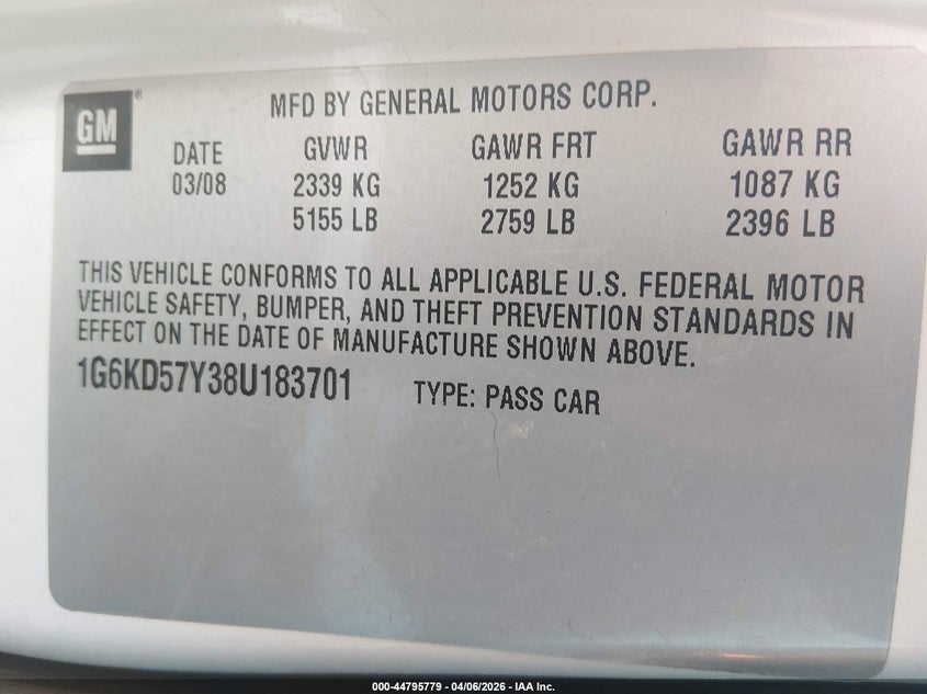 2008 Cadillac Dts 1Sa VIN: 1G6KD57Y38U183701 Lot: 44795779