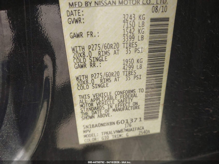 2011 Nissan Armada Platinum VIN: 5N1BA0NDXBN601371 Lot: 44795792