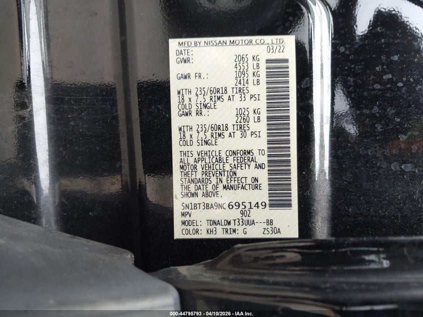 2022 Nissan Rogue Sv Fwd VIN: 5N1BT3BA9NC695149 Lot: 44795793