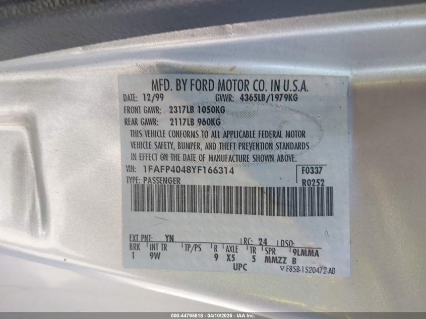 2000 Ford Mustang VIN: 1FAFP4048YF166314 Lot: 44795818