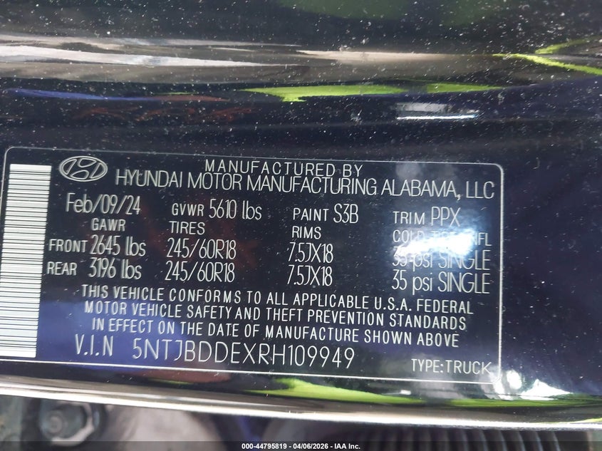 2024 Hyundai Santa Cruz Sel VIN: 5NTJBDDEXRH109949 Lot: 44795819
