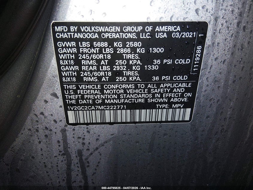 2021 Volkswagen Atlas Cross Sport 2.0T S VIN: 1V2GC2CA7MC222771 Lot: 44795825
