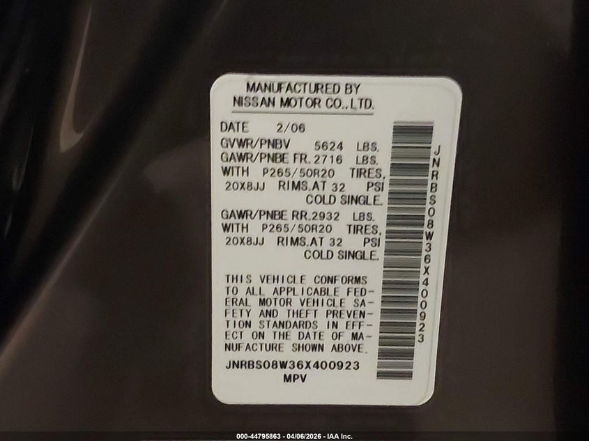 2006 Infiniti Fx45 VIN: JNRBS08W36X400923 Lot: 44795863