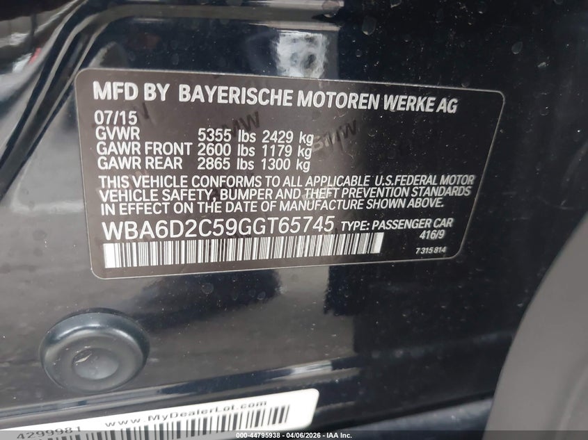 2016 BMW 640I Gran Coupe xDrive VIN: WBA6D2C59GGT65745 Lot: 44795938