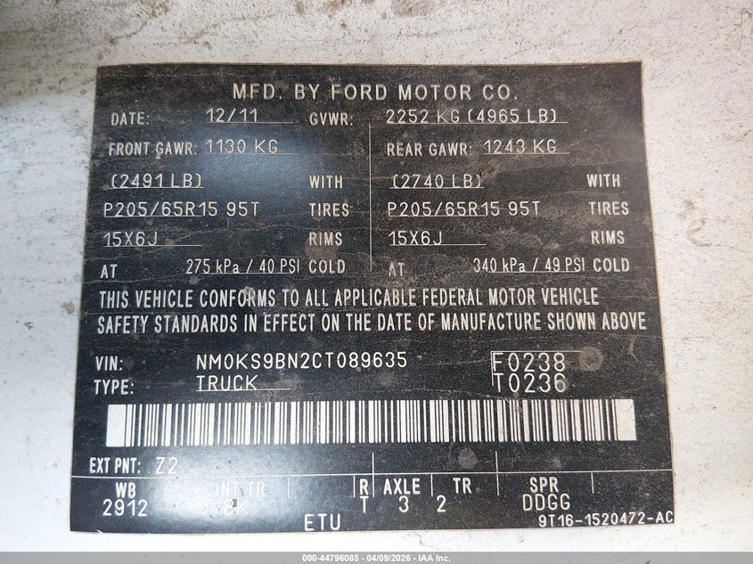 2012 Ford Transit Connect Xlt VIN: NM0KS9BN2CT089635 Lot: 44796085