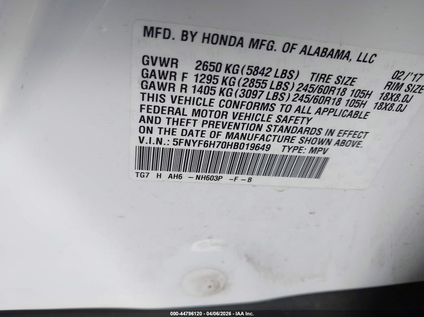 2017 Honda Pilot 3.5 Ex-L white Lot 111044796120 Vin 5FNYF6H70HB019649
