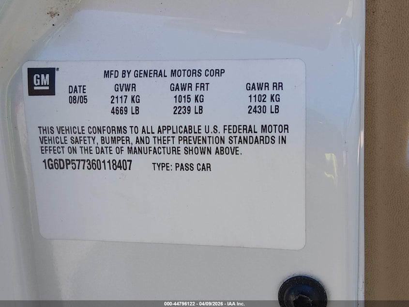 2006 Cadillac Cts Standard VIN: 1G6DP577360118407 Lot: 44796122