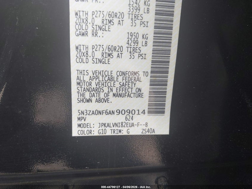 2010 Infiniti Qx56 VIN: 5N3ZA0NF6AN909014 Lot: 44796127