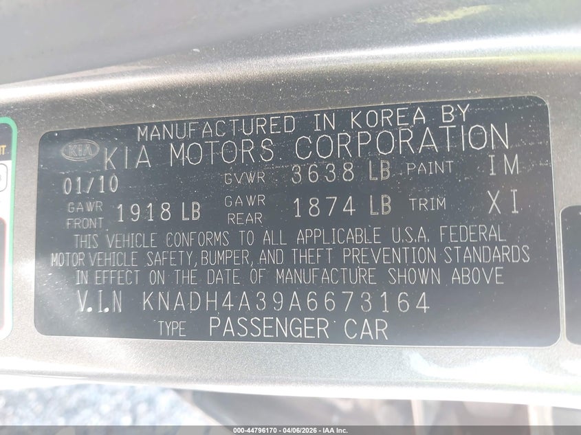 2010 Kia Rio Lx VIN: KNADH4A39A6673164 Lot: 44796170