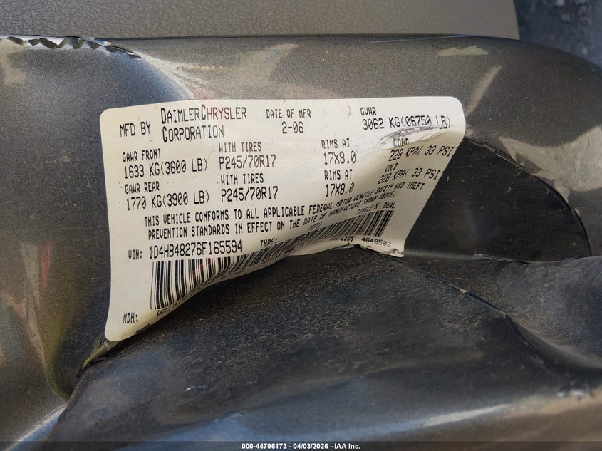 2006 Dodge Durango Slt VIN: 1D4HB48276F165594 Lot: 44796173