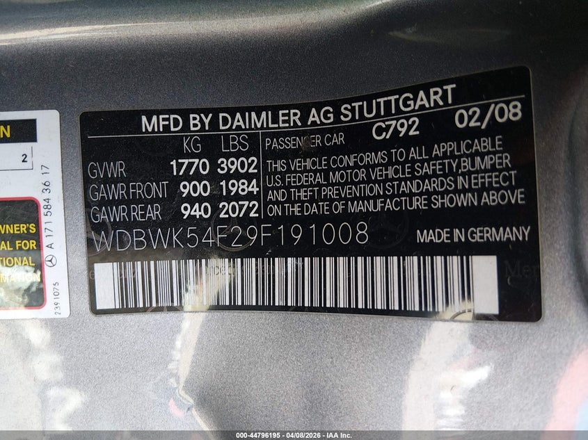 2009 Mercedes-Benz Slk 300 VIN: WDBWK54F29F191008 Lot: 44796195