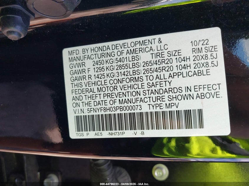 2023 Honda Passport Awd Elite VIN: 5FNYF8H03PB000073 Lot: 44796223
